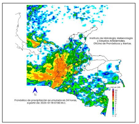 Pronóstico del Ideam para el 19 de enero de 2026