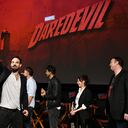 NEW YORK, NY - OCTOBER 06: (L-R) Actors Charlie Cox, Wilson Bethel, Jay Ali, Joanne Whalley and television writer Erik Oleson speak onstage at Marvel's DAREDEVIL panel during New York Comic Con at The Hulu Theater at Madison Square Garden on October 6, 2018 in New York City. (Photo by Craig Barritt/Getty Images for New York Comic Con)