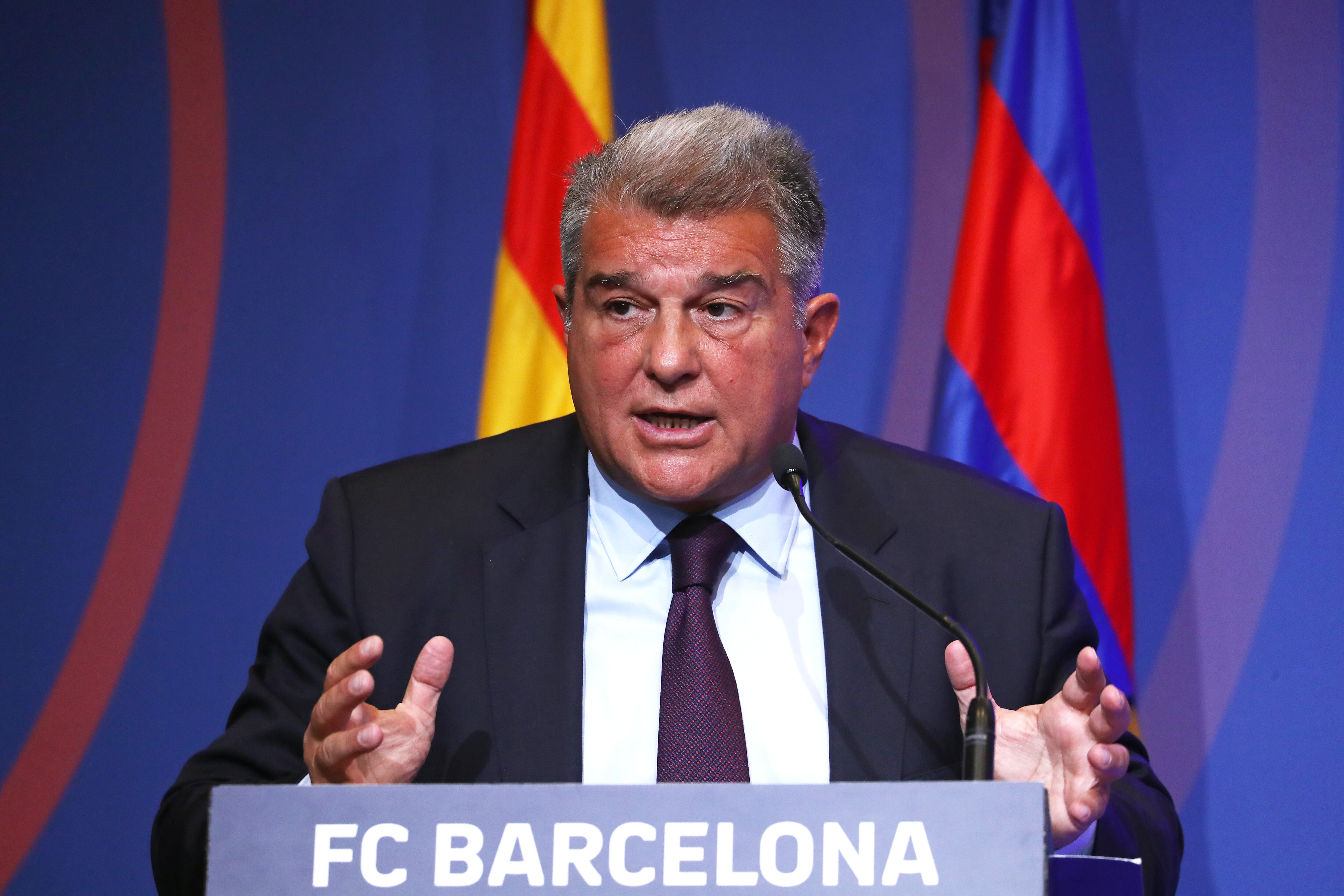 The president of FC Barcelona, Joan Laporta, during the press conference about the Negreira case, in Barcelona, on 17th April 2023. (Photo by Joan Valls/Urbanandsport /NurPhoto via Getty Images)