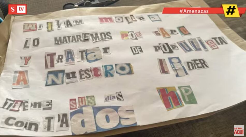 Panfleto amenazante contra William Molina.