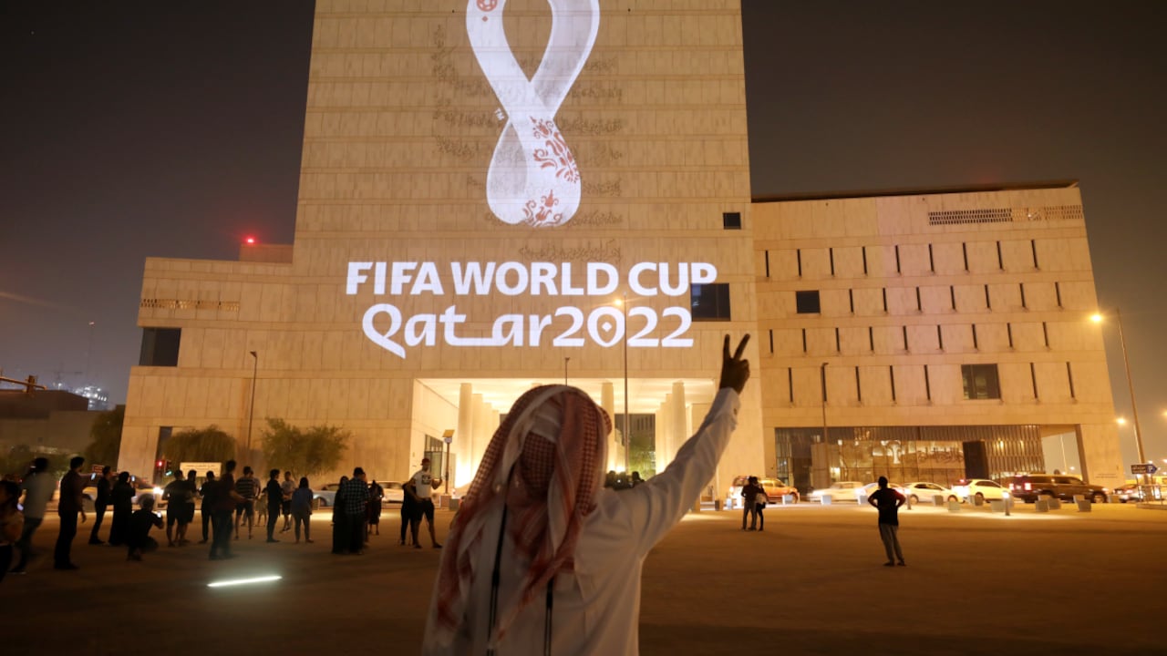 DOHA, QATAR - SEPTEMBER 03: The Official Emblem of the FIFA World Cup Qatar 2022™️ is unveiled in Doha's Souq Waqif on the Msheireb - Qatar National Archive Museum building on September 03, 2019 in Doha, Qatar. The FIFA World Cup Qatar 2022™️ Official Emblem was projected on to a number of iconic buildings in Qatar and across the Arab world and displayed on outdoor digital billboards in more than a dozen renowned public spaces major cities. (Photo by Christopher Pike/Getty Images for Supreme Committee 2022)