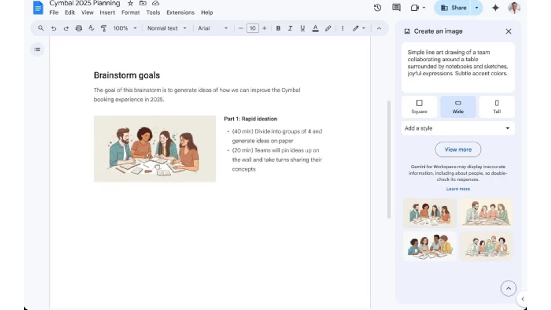 La capacidad de generar imágenes en Google Docs con Gemini.