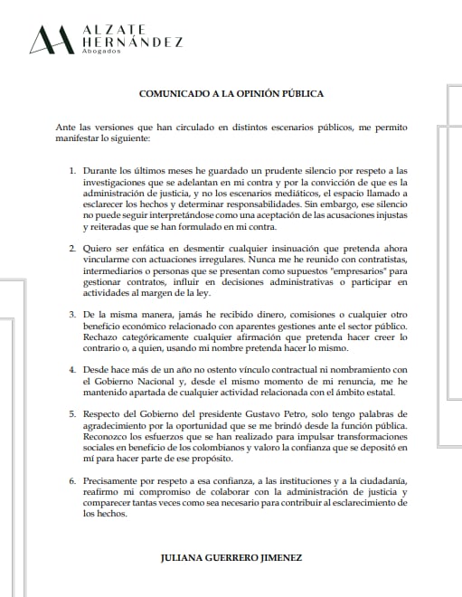 Comunicado Juliana Guerrero