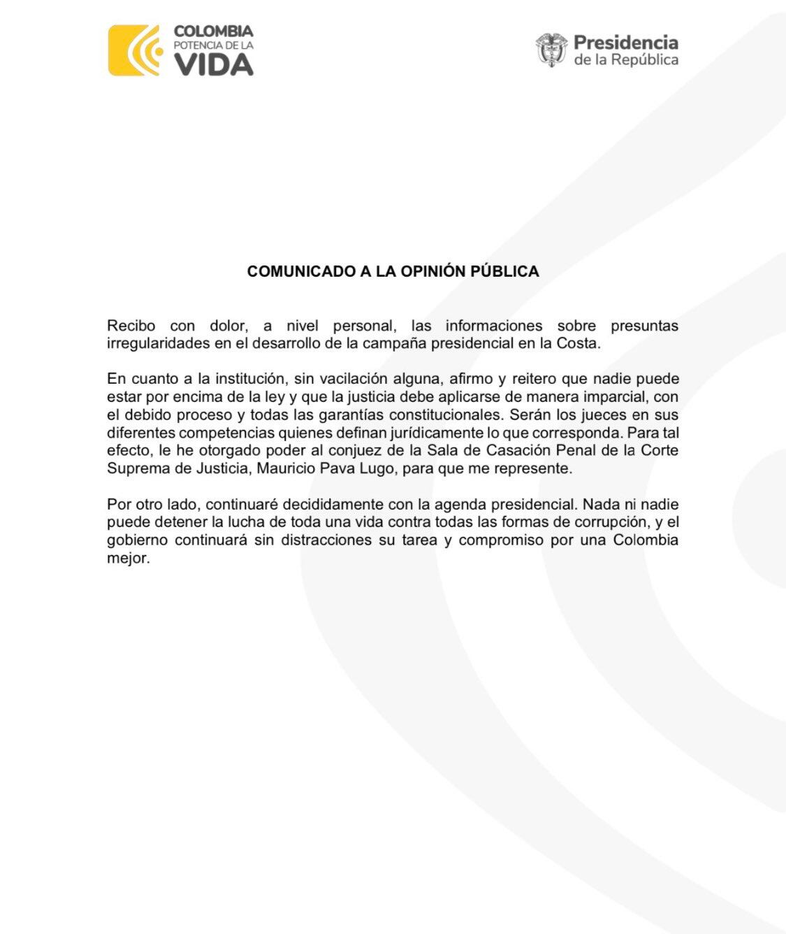 Comunicado presidente Gustavo Petro