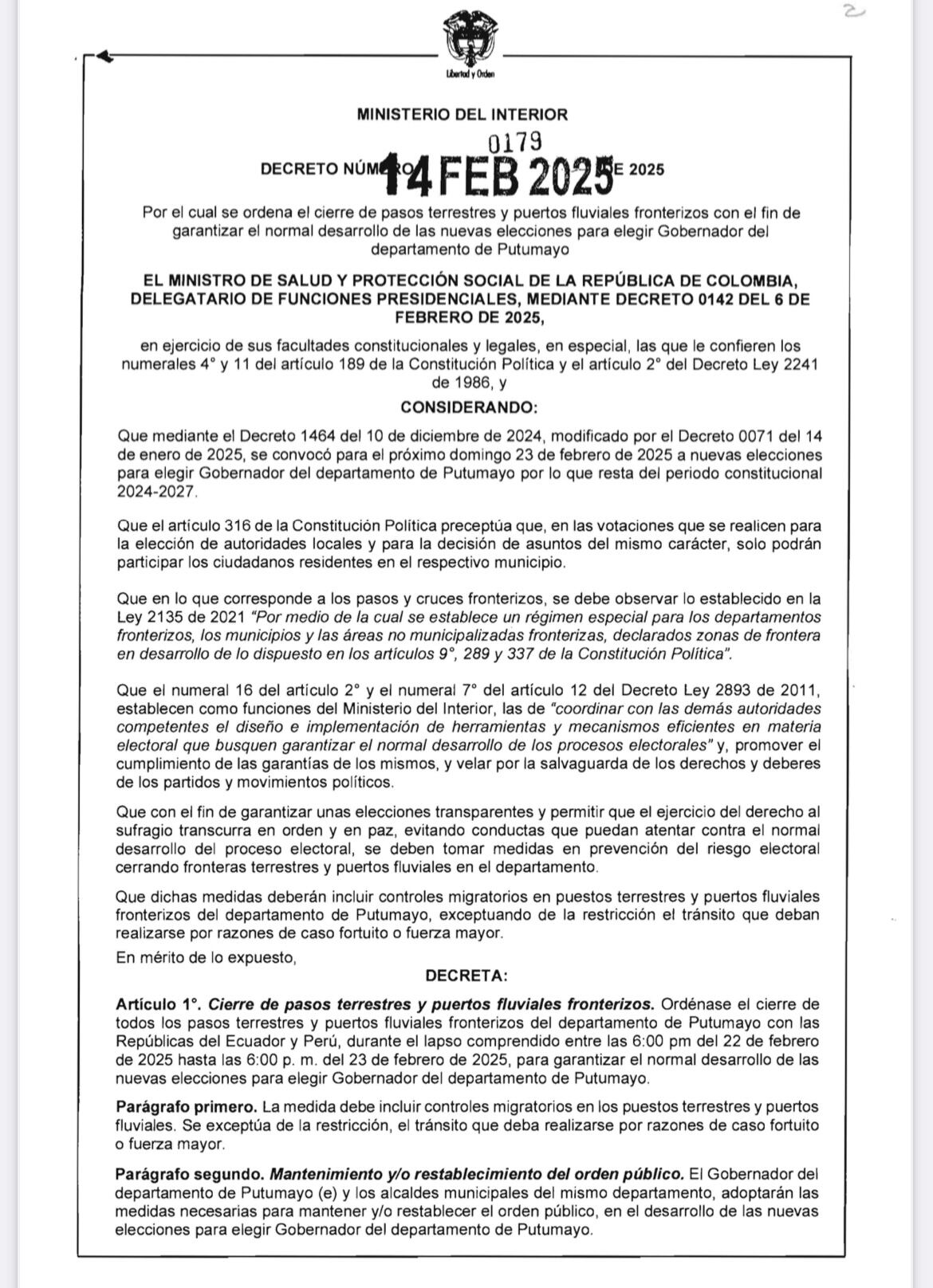 Decreto cierre pasos fronterizos con Ecuador y Perú