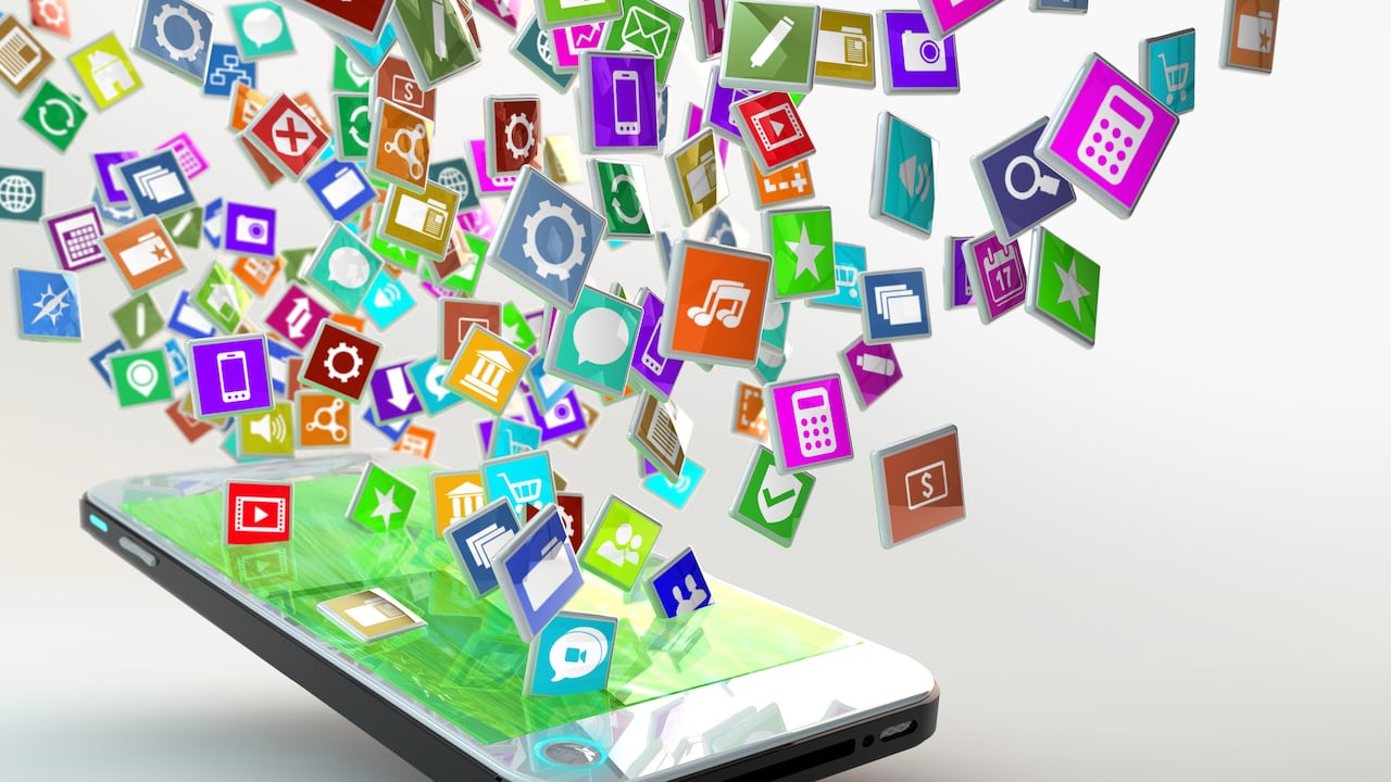 Mobile Phone with lots of apps flying arround