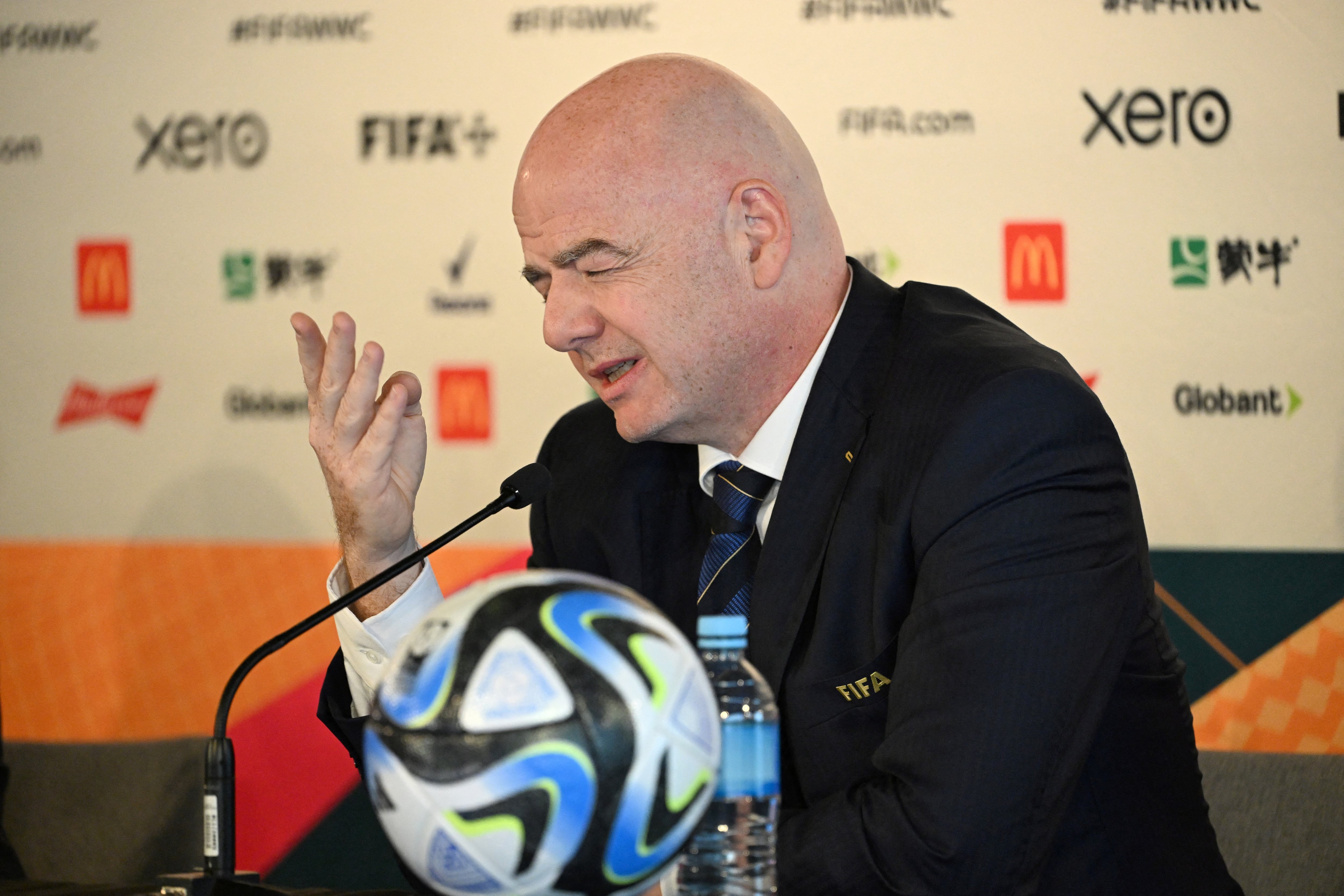 IFA president Gianni Infantino speaks a press conference in Auckland on July 19, 2023, ahead of the Women�s World Cup football tournament. (Photo by Saeed KHAN / AFP)