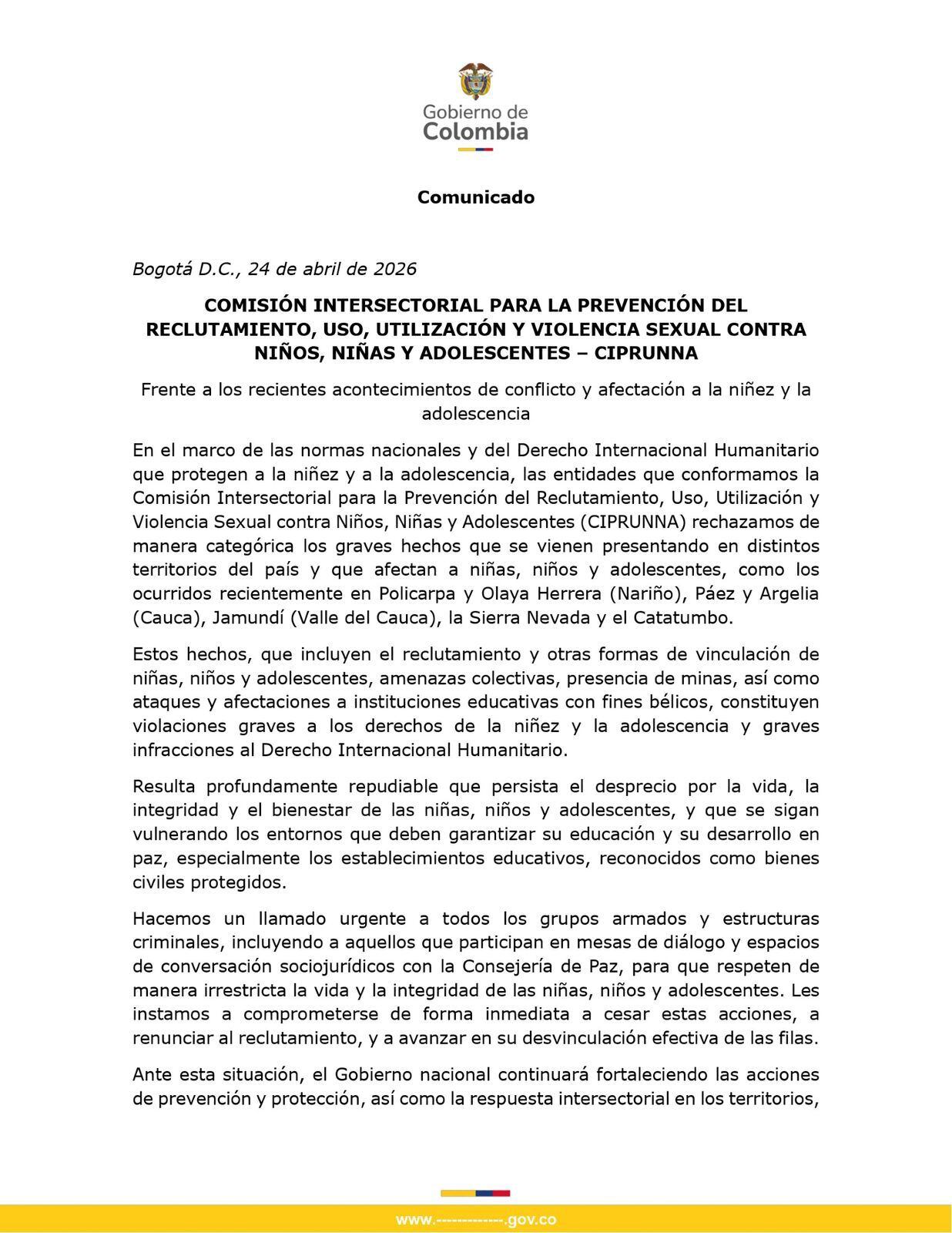 Comunicado oficial sobre el reclutamiento de menores