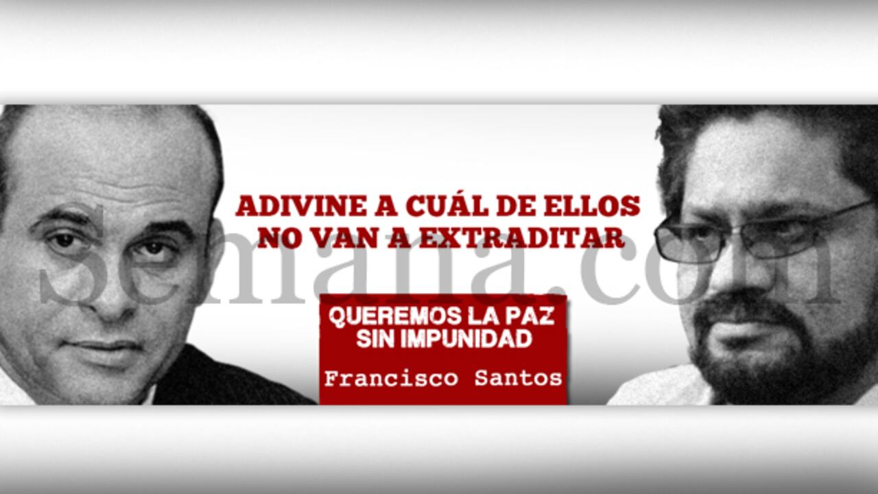 Valla de la campaña de 'Pacho' Santos en la que aparece 'Iván Márquez' (izq.) y Salvatore Mancuso (der.).