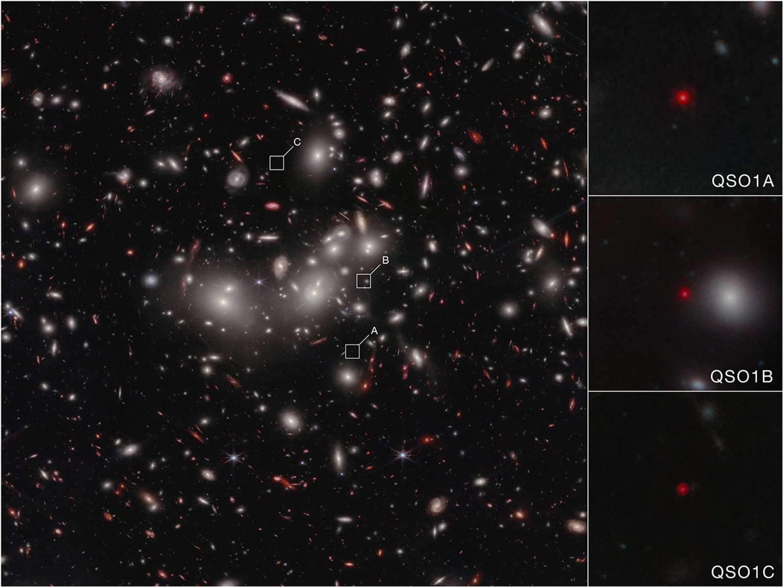La NASA explicó que el punto rojo corresponde a un cuásar formado apenas millones de años después del Big Bang.