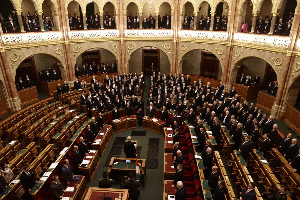 BUDAPEST, HUNGARY - FEBRUARY 26: Former chairman of the Constitutional Court Tamas Sulyok arrives to take his oath of office after being approved as new Hungarian President at the Hungarian Parliament in the main hall of the parliament building in Budapest, Hungary on February 26, 2024. (Photo by Arpad Kurucz/Anadolu via Getty Images)