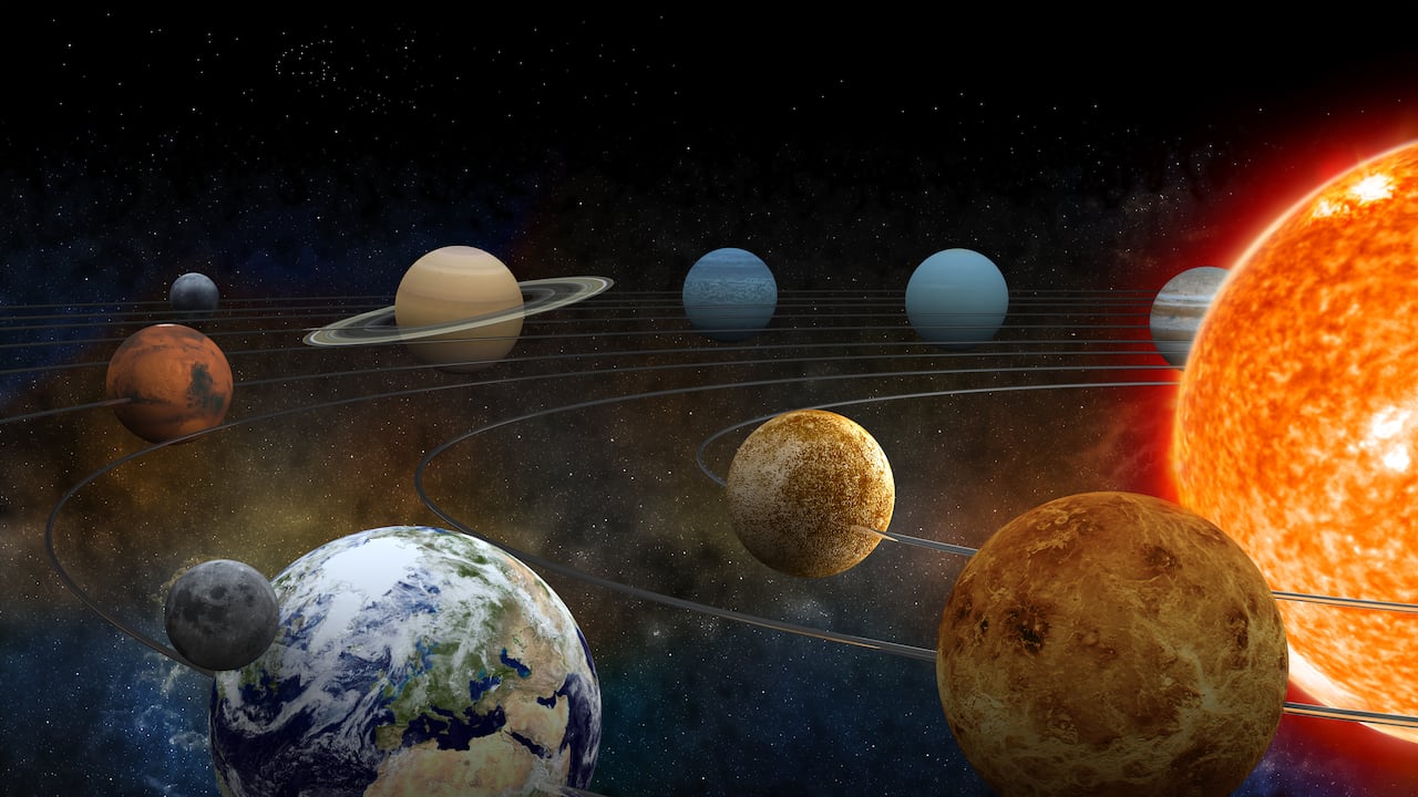 The sun and nine planets of our system orbiting.