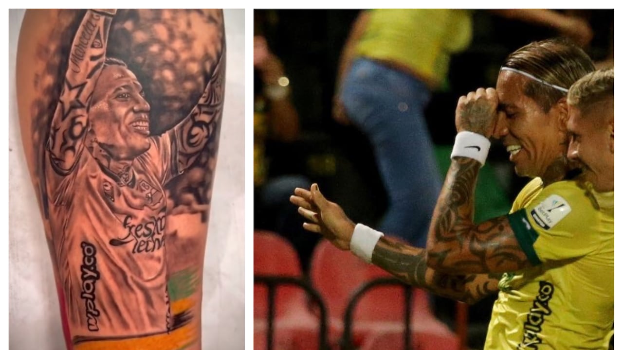 Hincha del Atlético Bucaramanga se encuentra con Dayro Moreno para mostrarle que se lo tatuó en su pierna.