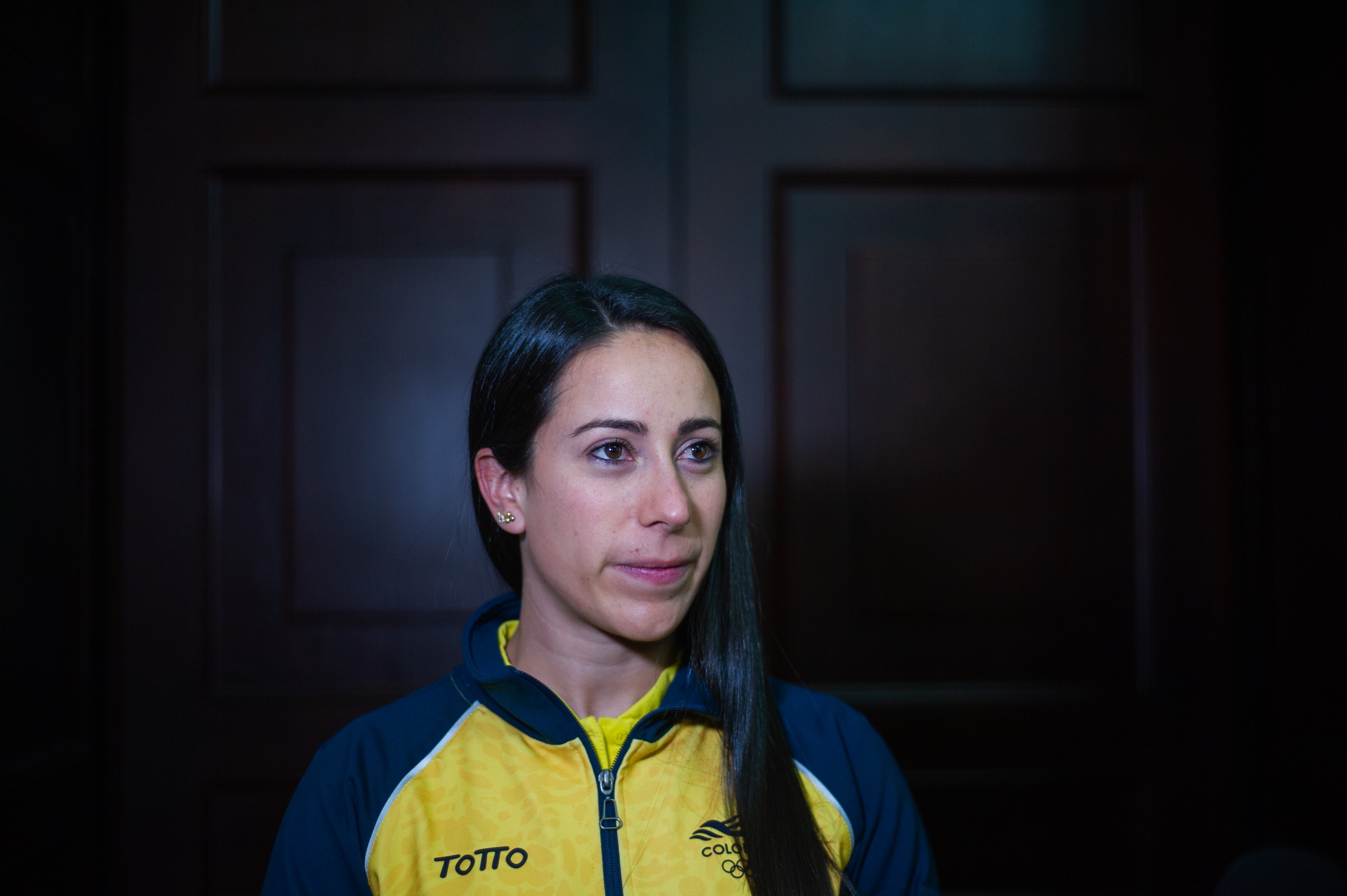 Headshot of olympic athlete Mariana Pajon during a press event at the Colombian congress were Juan Diego Gomez Jimenez president of the senate give the senate acknowledgment to Colombian olympic medallists of Tokyo 2021 olympics Mariana Pajon, Luis Javier Mosquera, Sandra Arenas and Carlos Ramirez in Bogota, Colombia on August 31, 2021. (Photo by Sebastian Barros/NurPhoto via Getty Images)