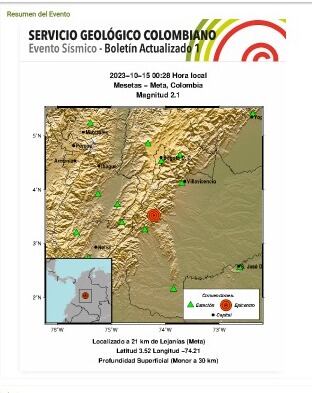 Reporte sismo en Mesetas - Meta.