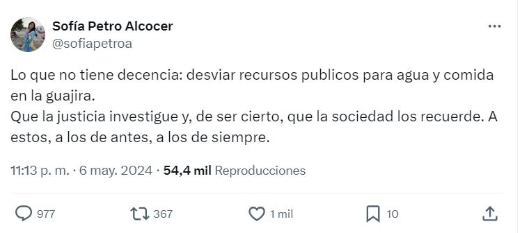 Mensaje de Sofía Petro en X