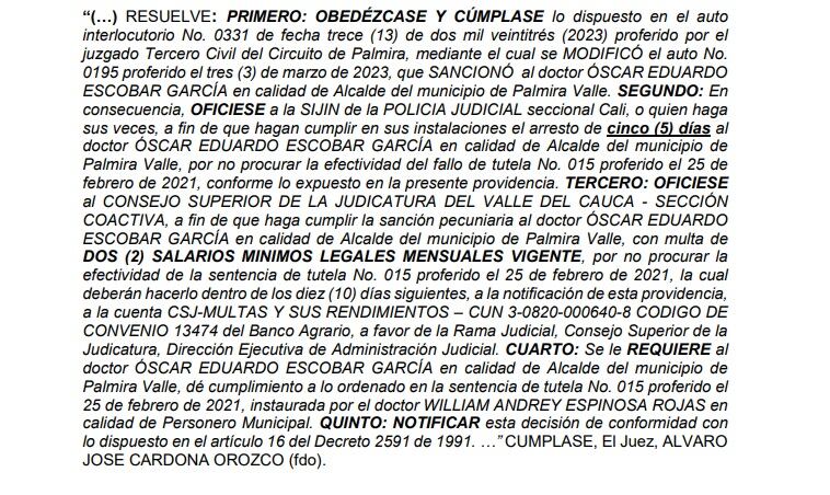 Fallo de tutela contra Óscar Escobar.