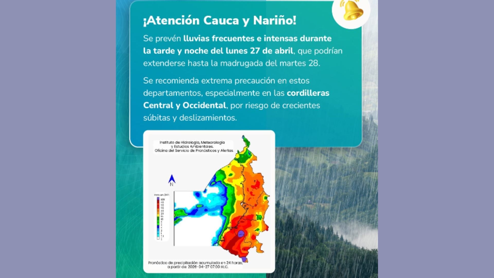 El Ideam advierte por precipitaciones persistentes que podrían generar crecientes súbitas, inundaciones y deslizamientos en varias regiones del país.