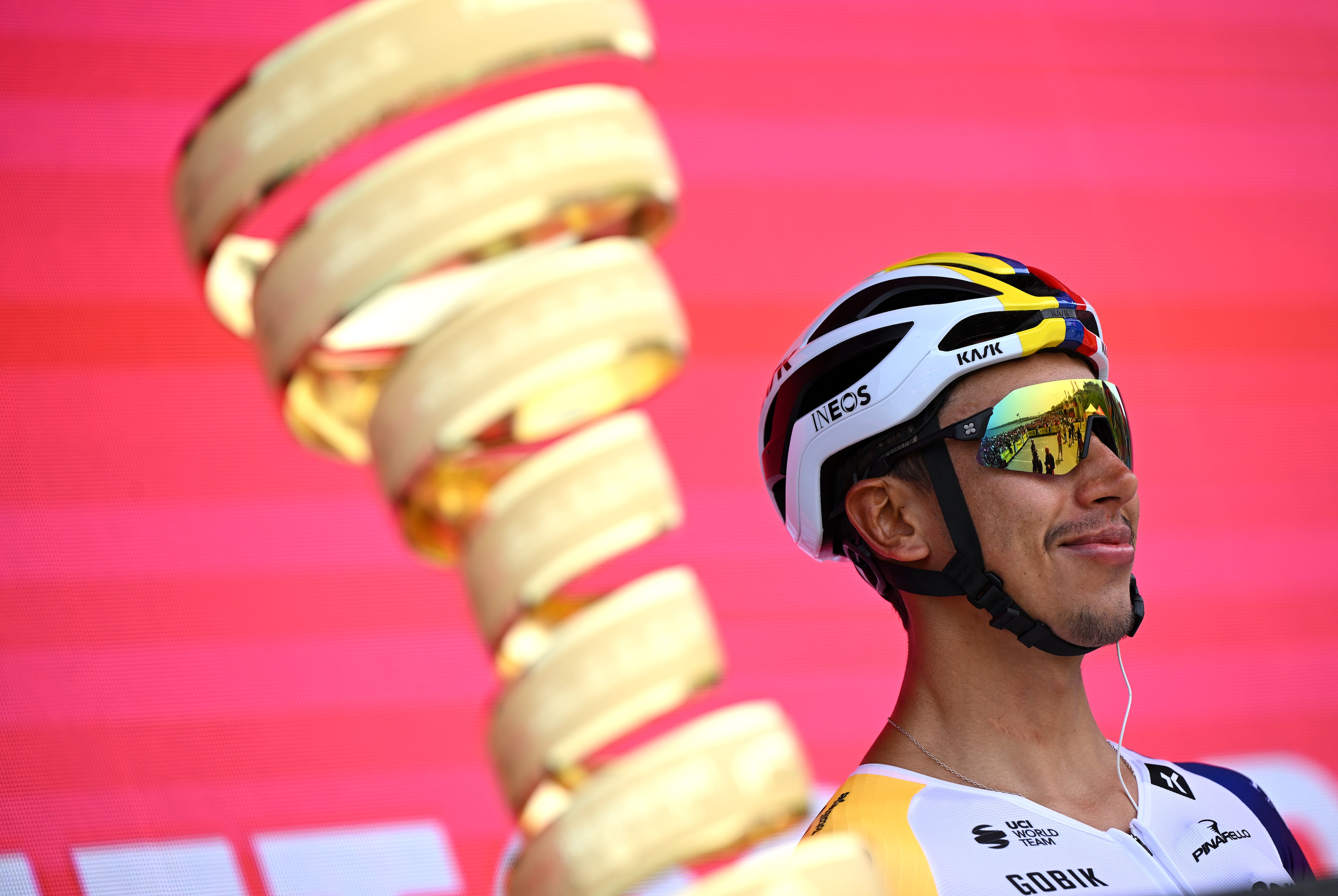 NESSEBAR, BULGARIA - MAY 08: Egan Bernal of Colombia and Netcompany INEOS Cycling Team and a view of Trofeo Senza Fine prior to the 109th Giro d'Italia 2026, Stage 1 a 147km stage from Nessebar to Burgas / #UCIWT / on May 08, 2026 in Nessebar, Bulgaria. (Photo by Dario Belingheri/Getty Images)