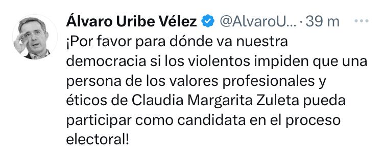 Expresidente Álvaro Uribe se refiere a renuncia de candidata a la Gobernación de Cesar, Claudia Margarita Zuleta.