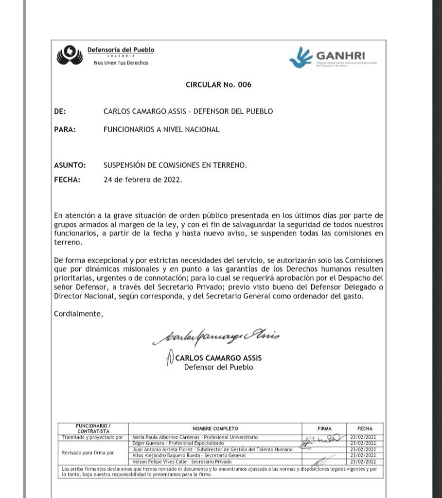 Defensor del Pueblo le pidió a sus funcionarios evitar transitar por la situación de orden público.
