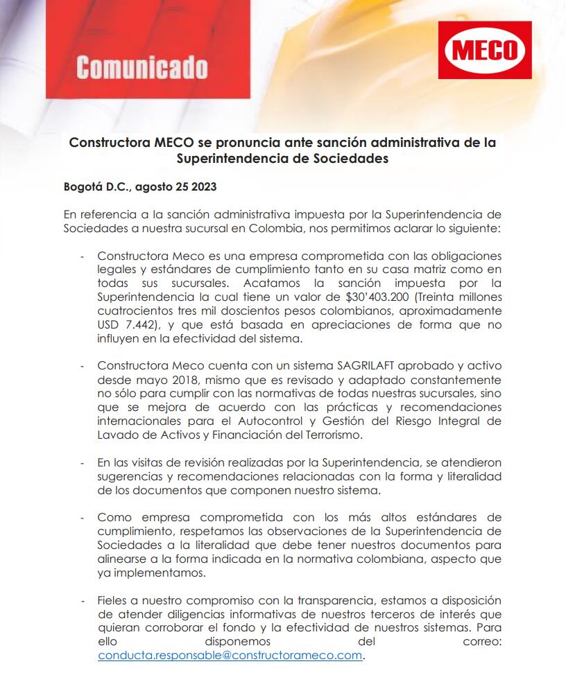 La empresa emitió un comunicado tras confirmarse la sanción.