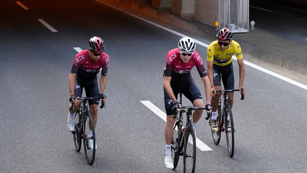 SAITAMA, JAPAN - OCTOBER 27: Jonathan Castroviejo of Spain and Team INEOS / Egan Bernal of Colombia and Team INEOS Yellow Leader Jersey / / Chris Froome of United Kingdom and Team INEOS / during the 7th Tour de France Saitama Criterium 2019 / @LeTour / on October 27, 2019 in Saitama, Japan. (Photo by Christopher Jue/Getty Images)