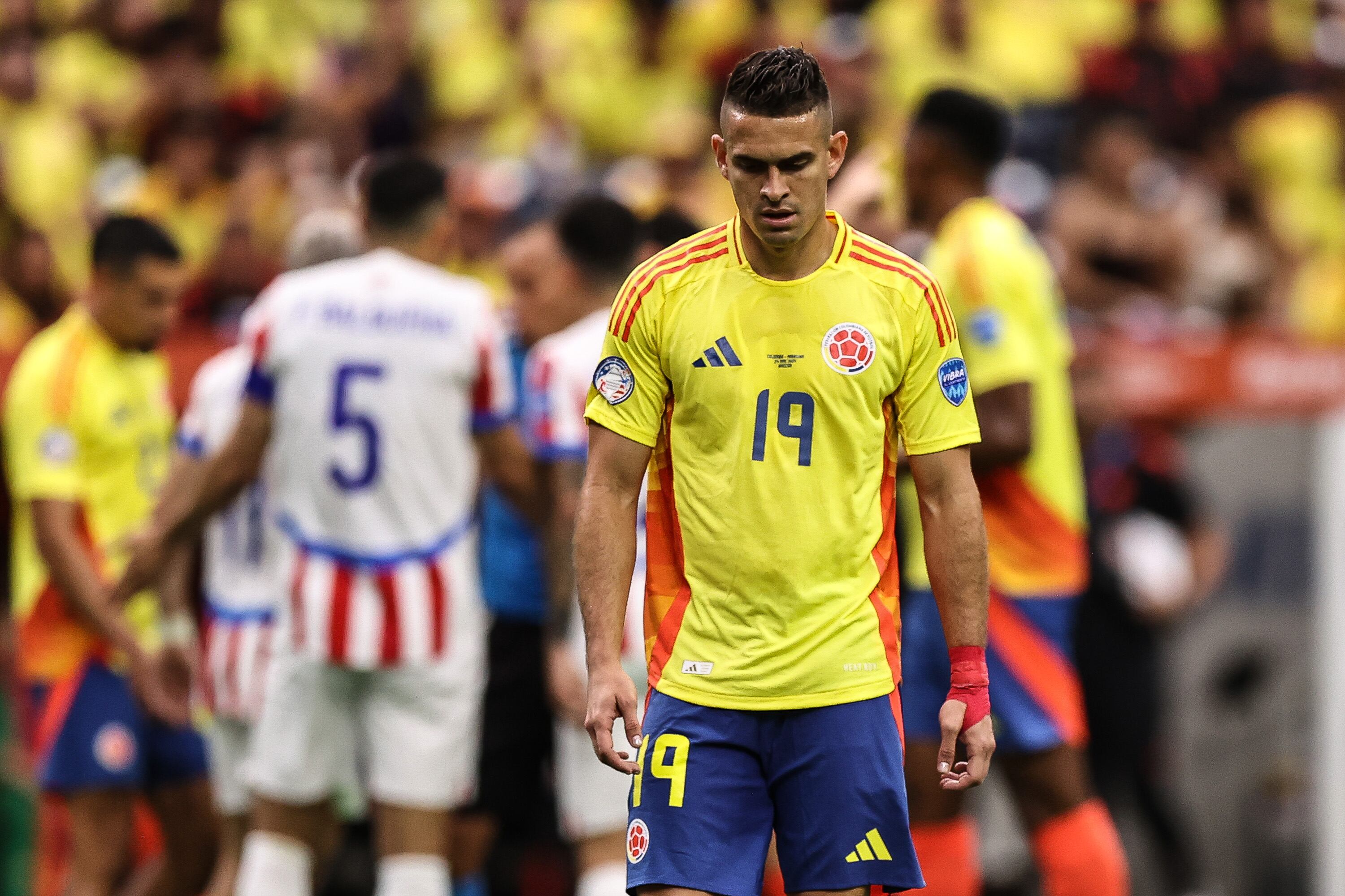HOUSTON, TEXAS - JUNE 24: Rafael Santos Borre of Colombia looks on during the CONMEBOL Copa America 2024 Group D match between Colombia and Paraguay at NRG Stadium on June 24, 2024 in Houston, Texas. (Photo by Omar Vega/Getty Images)