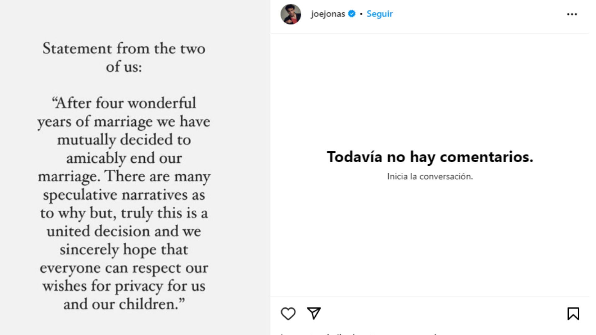 Joe Jonas y Sophie Turner rompen el silencio y se pronuncian en redes sociales.