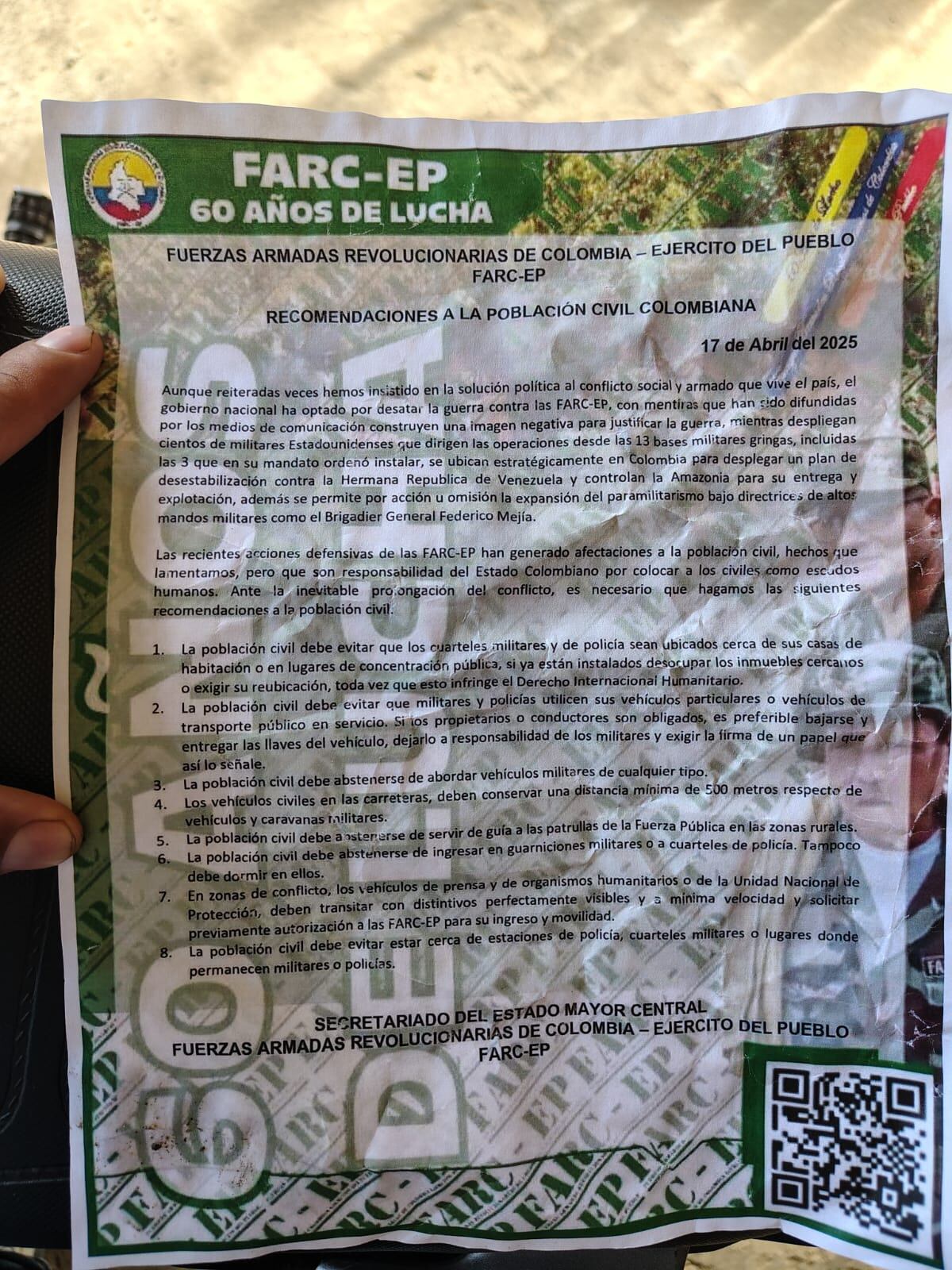 Panfleto amenazante disidencias de las FARC en Cauca.