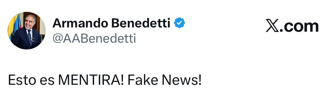 Mensaje en X de Armando Benedetti