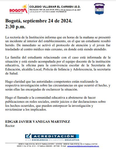 Por medio del comunicado, la institución explica el incidente sucedido el martes 24 de septiembre.
