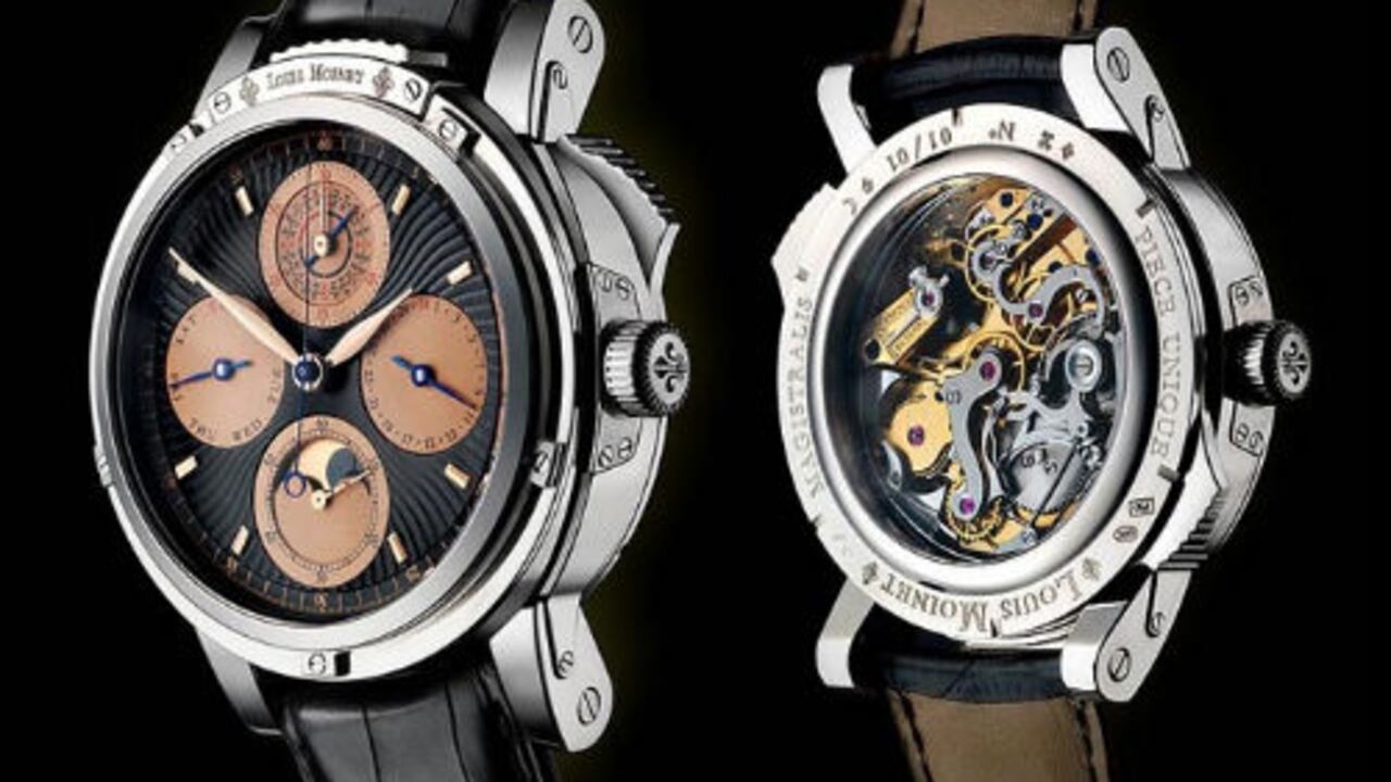 10) Louis Moinet Magistralis: US$860.000, Existe sólo uno en el mundo, está fabricado en una pieza sólida de oro de 18 kilates y aunque está en el décimo lugar de esta lista de los relojes más caros del mundo tiene algo que lo hace ser único en su clase: cuenta con un fragmento de meteorito lunar (Dhofar 459) en su interior de 2.000 años de antigüedad justo en la zona de las fases lunares de este reloj.