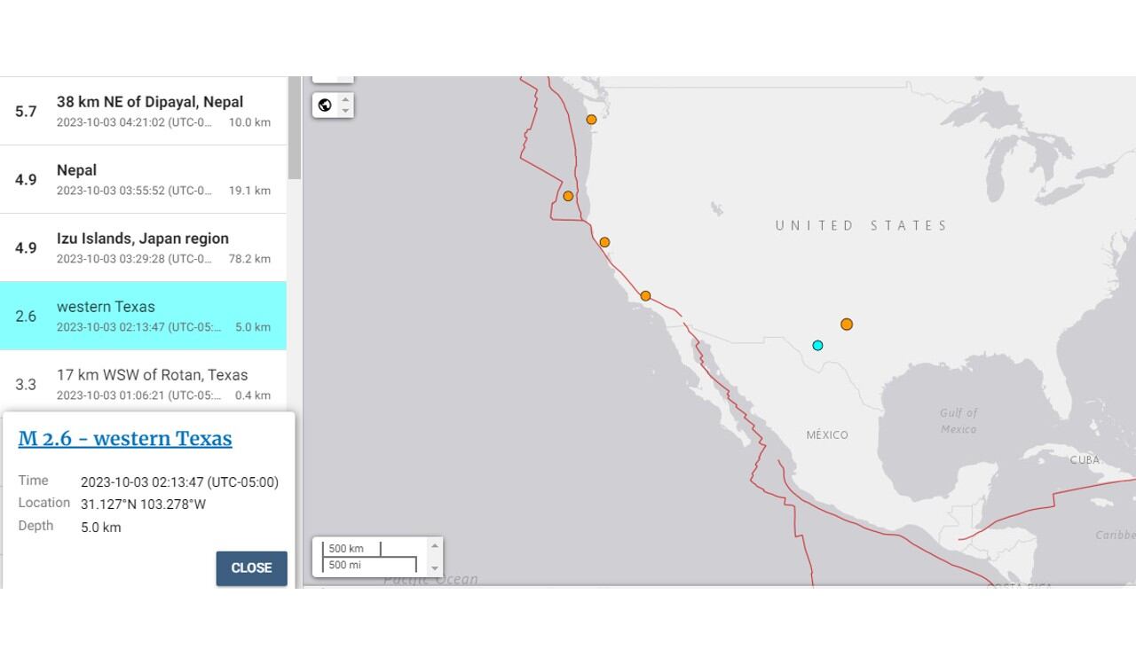 Así registró el USGS el temblor en Texas el martes 3 de octubre de 2023