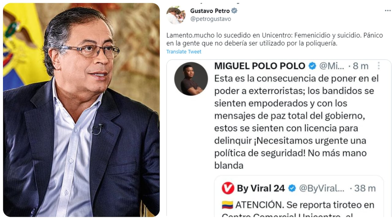 .El presidente Gustavo Petro lamentó el hecho sucedido en Unicentro y respondió el trino de MIguel Polo Polo