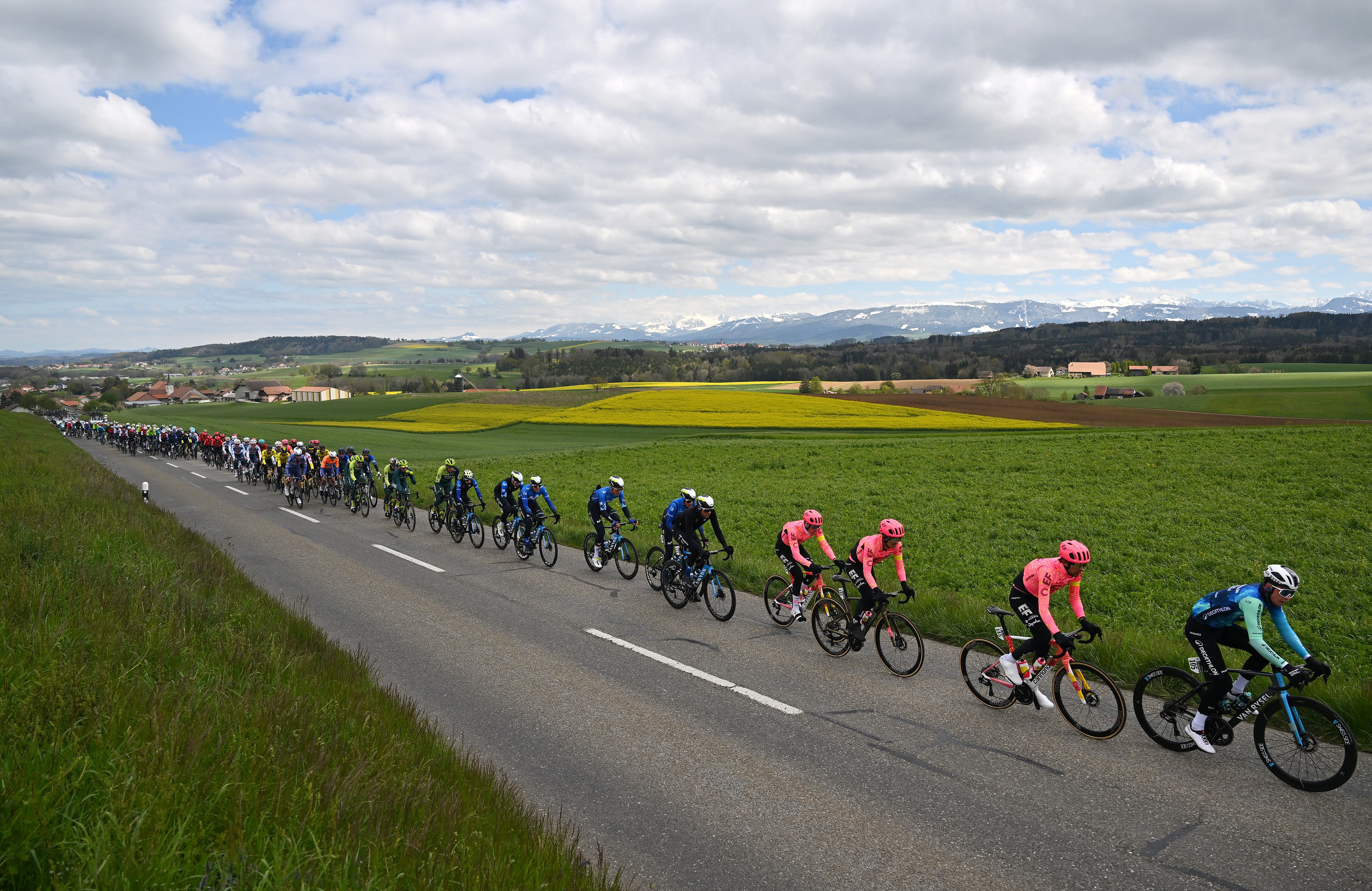 SALVAN-LES MARECOTTES, SWITZERLAND - APRIL 25: A general view of Enric Mas of Spain, Alex Aranburu of Spain, Jorge Arcas of Spain, Remi Cavagna of France, Johan Jacobs of Switzerland, Nelson Oliveira of Portugal, Ivan Ramiro Sosa of Colombia and Movistar Team, Darren Rafferty of Ireland, Richard Carapaz of Ecuador, James Shaw of The United Kingdom and Team EF Education - EasyPost, Jordan Labrosse of France and Decathlon AG2R La Mondiale Team compete during the 77th Tour De Romandie 2024, Stage 2 a 171km stage from Fribourg to Salvan-Les Marecottes 1059m / #UCIWT / on April 25, 2024 in Salvan-Les Marecottes, Switzerland.  (Photo by Luc Claessen/Getty Images)