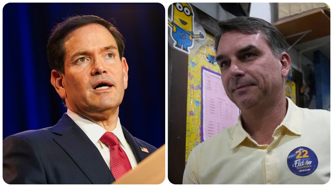 El secretario de Estado de EE. UU., Marco Rubio, y el excandidato presidencial de Brasil Flávio Bolsonaro.