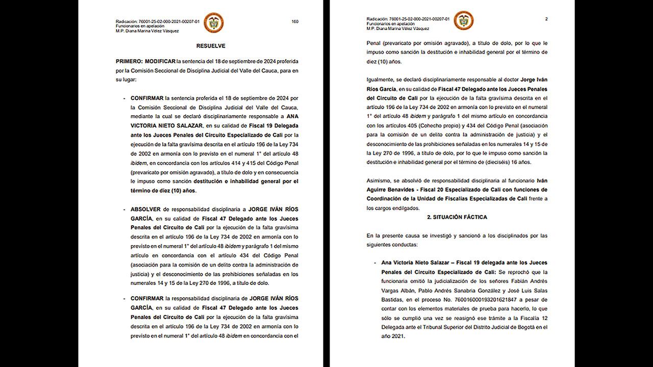 Fallo de la magistrada Diana Vélez contra los sindicados.