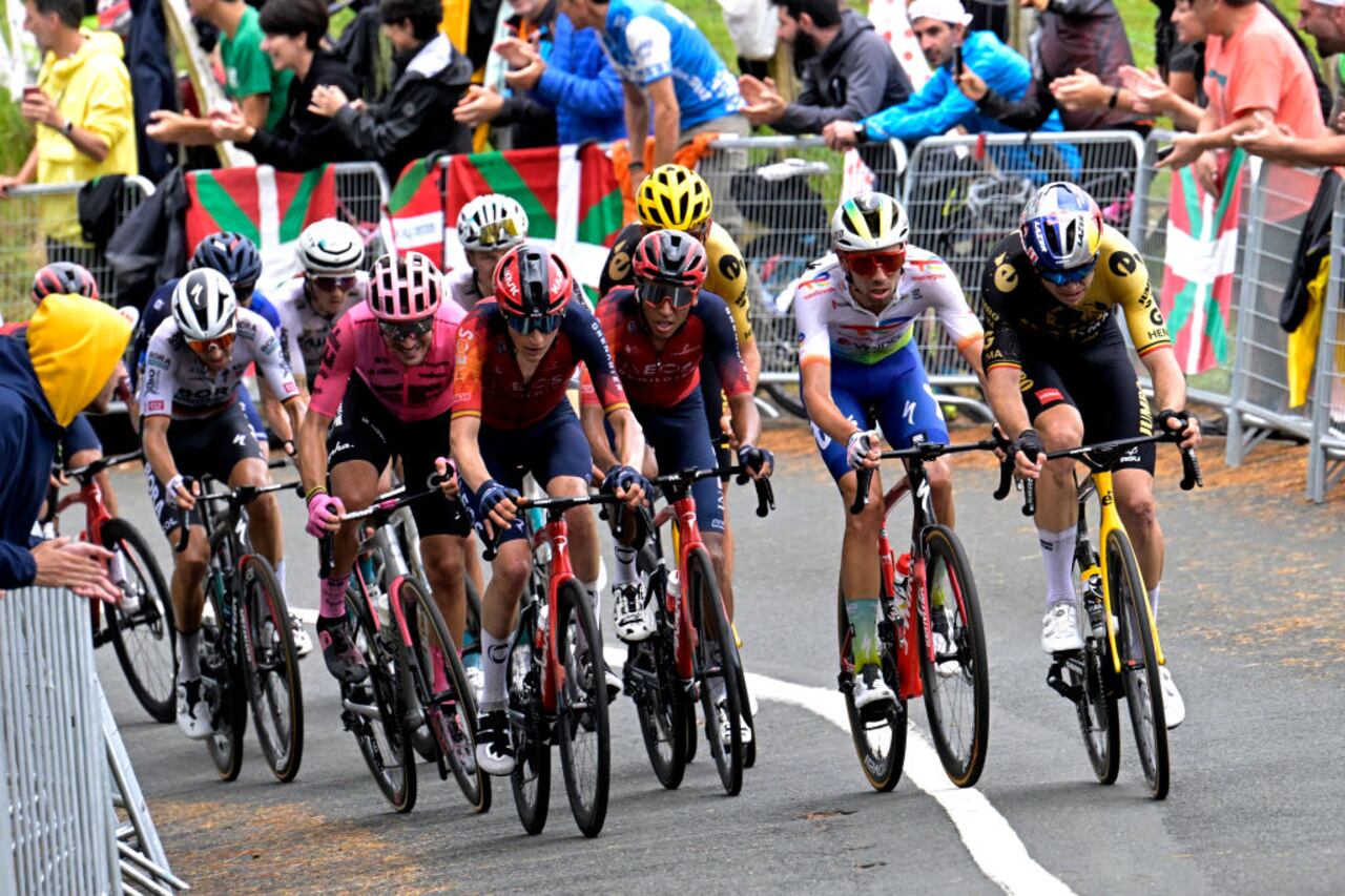SAN SÉBASTIÁN, SPAIN - JULY 02: (L-R) Alberto Bettiol of Italy and Team EF Education-EasyPost, Carlos Rodriguez Cano of Spain, Egan Bernal of Colombia and Team INEOS Grenadiers and Wout Van Aert of Belgium and Team Jumbo-Visma competes during the stage two of the 110th Tour de France 2023 a 208.9km stage from Vitoria-Gasteiz to San Sébastián / #UCIWT / on July 02, 2023 in San Sébastián, Spain. (Photo by Bernard Papon - Pool/Getty Images)