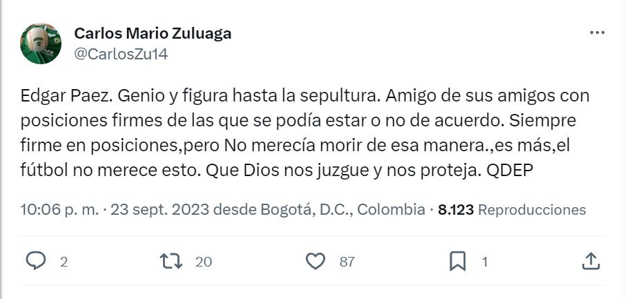 Condolencias de Zuluaga tras el asesinato de Édgar Páez