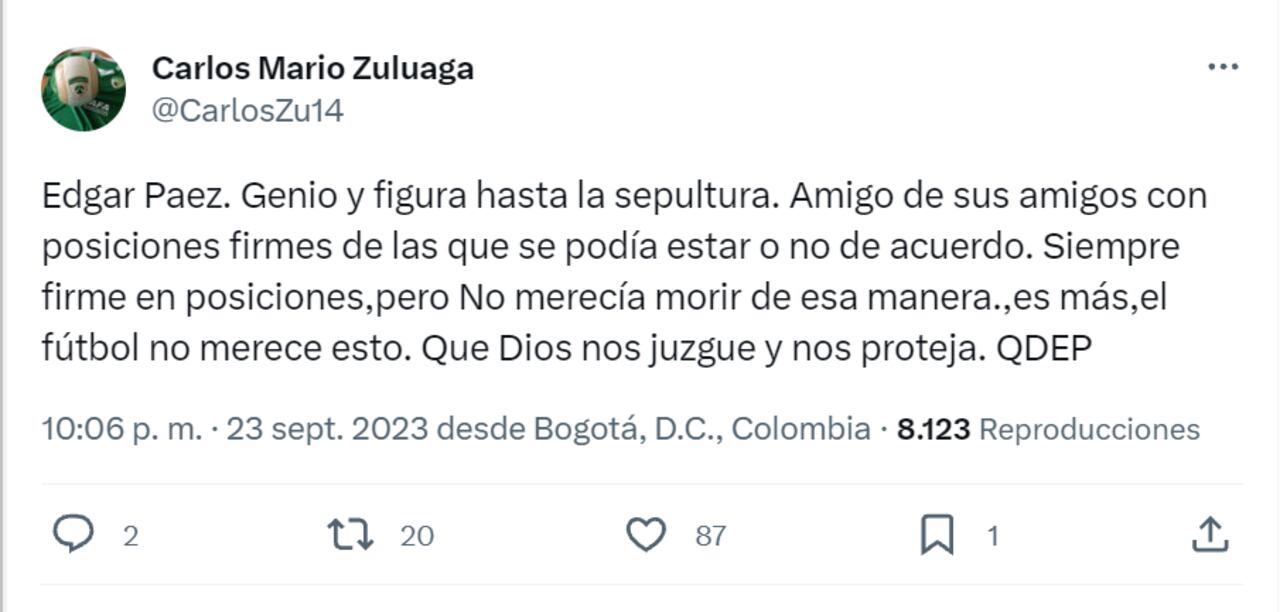Condolencias de Zuluaga tras el asesinato de Édgar Páez