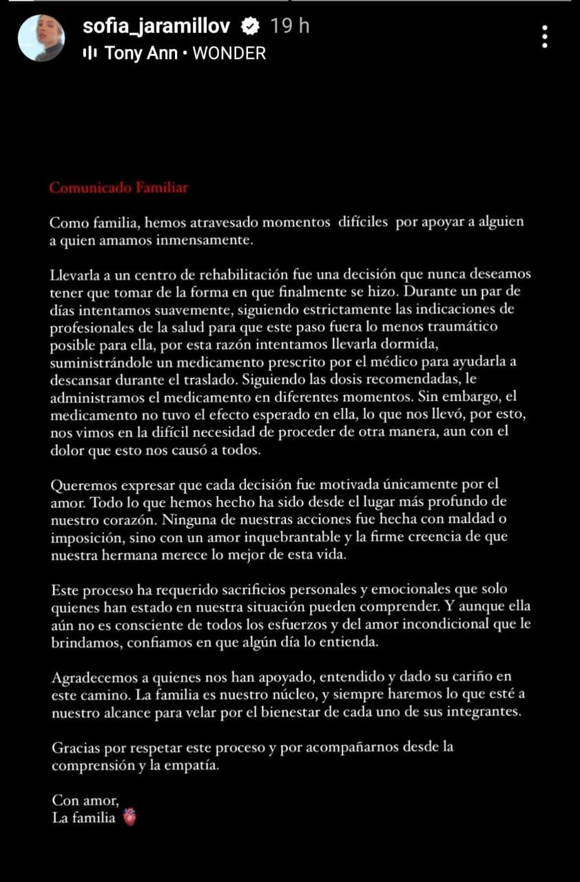 Comunicado de la familia de Angélica Jaramillo.