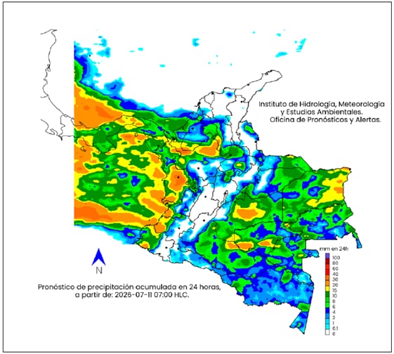 Mapa del clima en Colombia para el sábado 11 de julio.