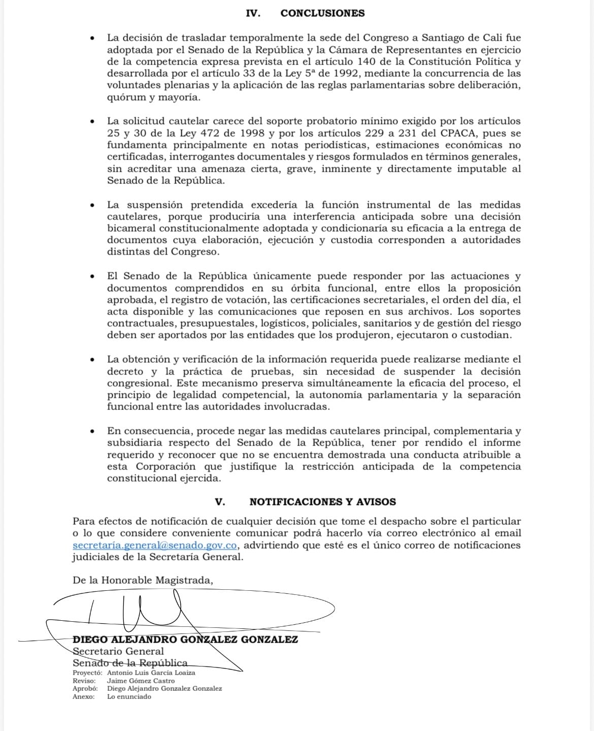 Documento del Senado enviado al Tribunal Administrativo de Cundinamarca.