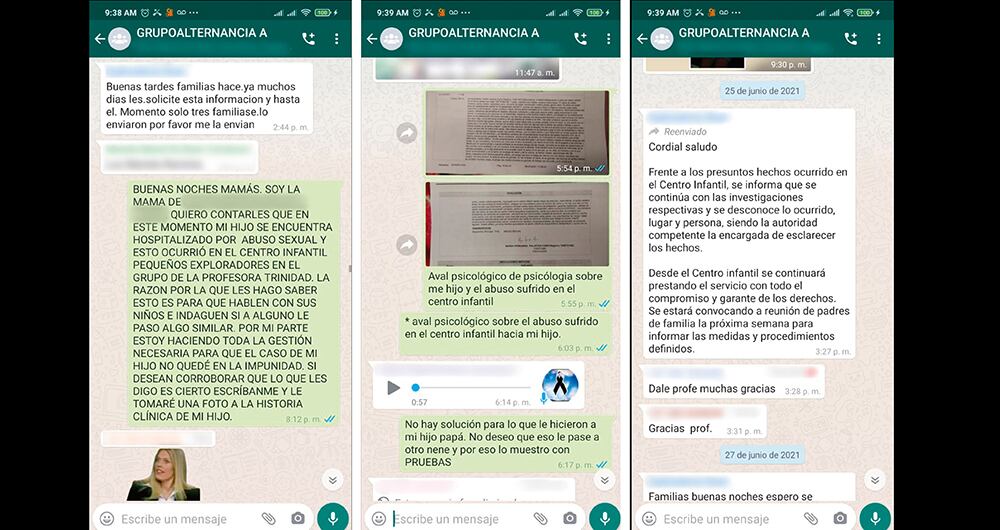   En los dos primeros pantallazos se ve cómo la madre de uno de los menores denuncia el abuso. Una profesora de Pequeños Exploradores solo dice que se desconoce lo ocurrido y que el centro sigue funcionando.