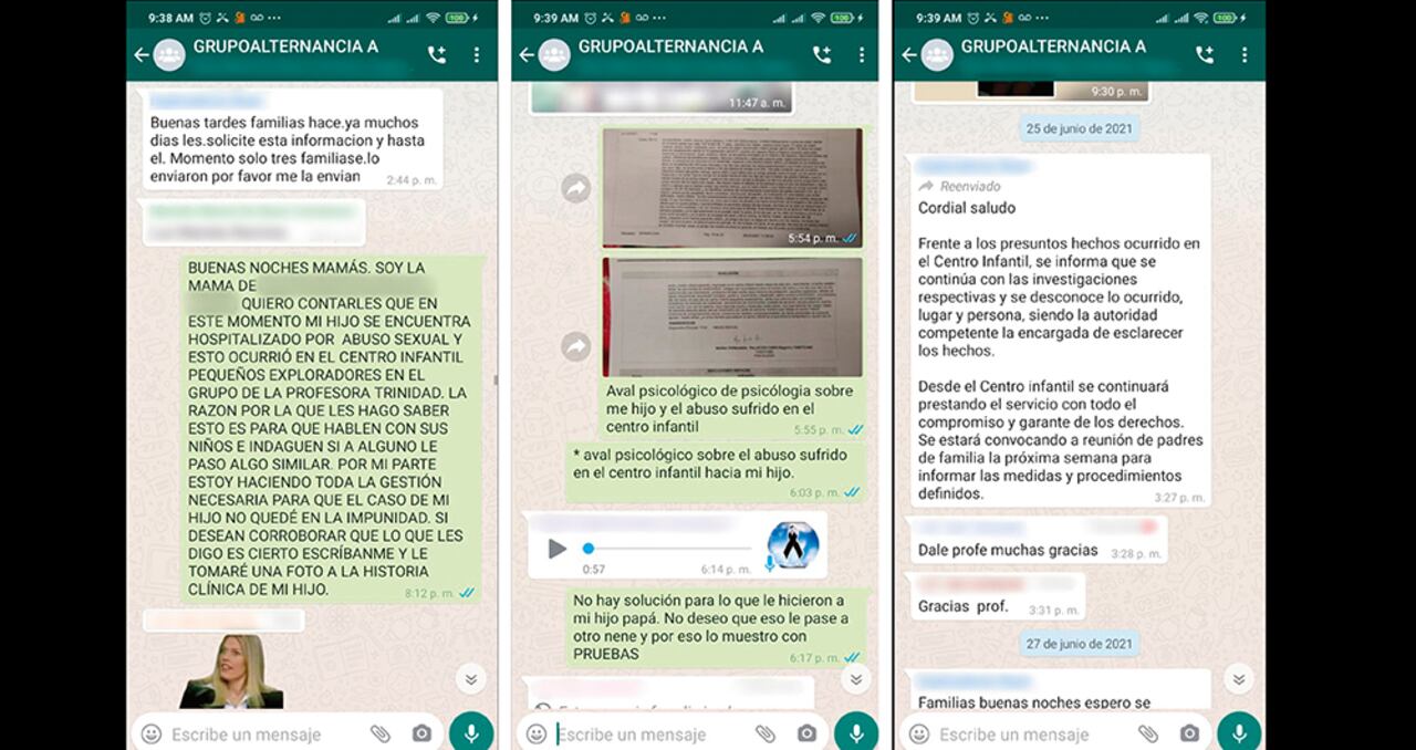 En los dos primeros pantallazos se ve cómo la madre de uno de los menores denuncia el abuso. Una profesora de Pequeños Exploradores solo dice que se desconoce lo ocurrido y que el centro sigue funcionando.