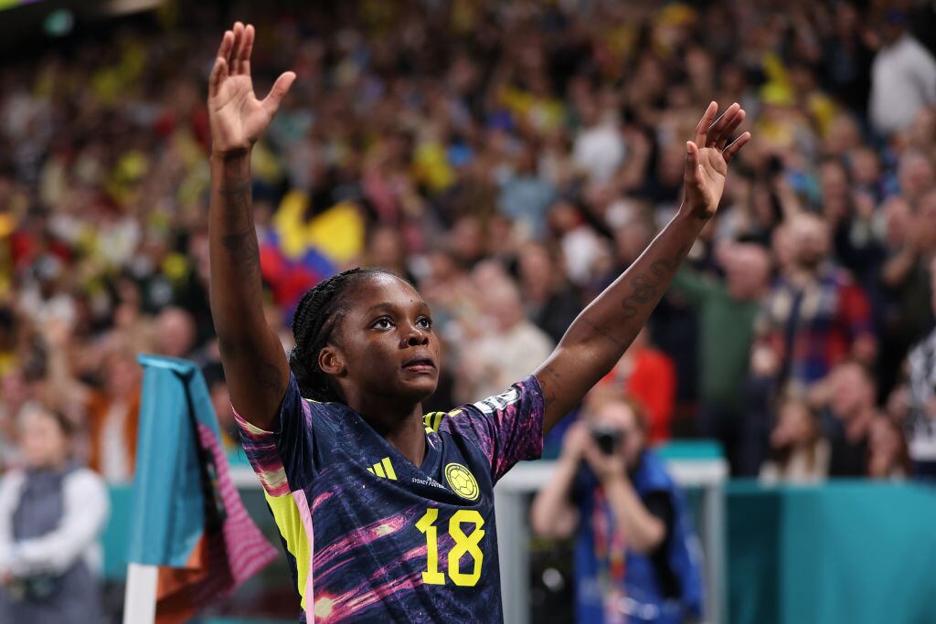 Linda Caicedo celebrando su gol con la Selección Colombia frente a Alemania.