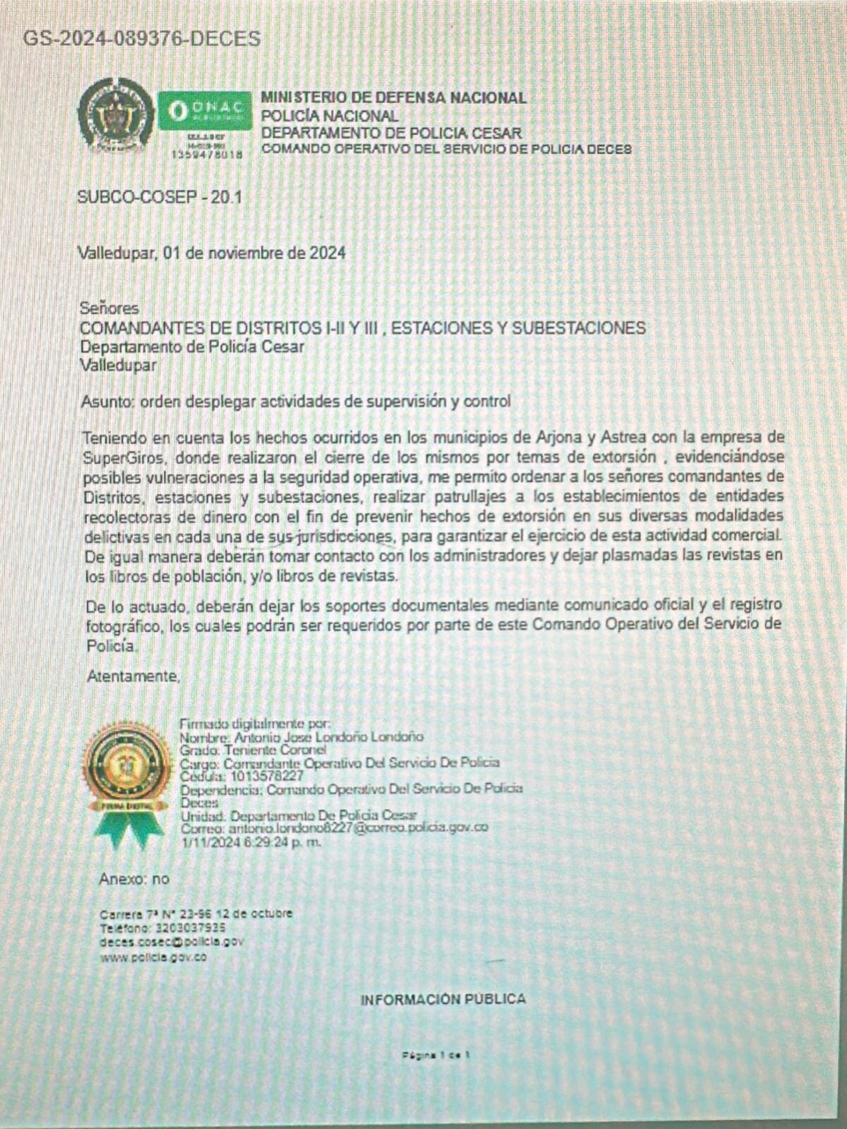 Comunicado Policía  sobre los hechos ocurridos