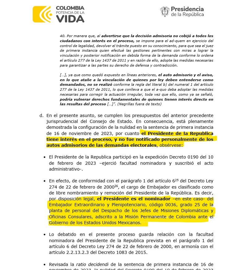 Presidencia pidió anular todo el proceso contra el nombramiento de Moisés Ninco como Embajador de Colombia en México.