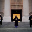 Speaker of the House Nancy Pelosi, D-Calif., center, and the House Democratic leadership, hold COVID-19 memorial and lighting ceremony on the steps of the Capitol in Washington, Tuesday, Jan. 19, 2021. Majority Leader Steny Hoyer, D-Md., right, and Rep. Katherine Clark, D-Mass., left. (AP Photo/J. Scott Applewhite)